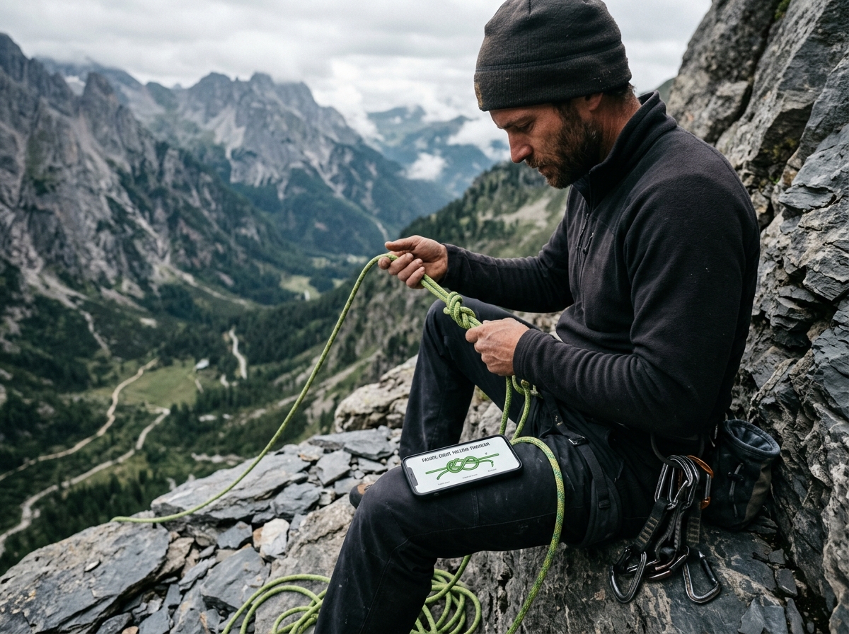 A climber examining their rope on a rock face.