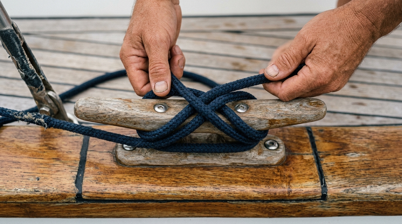 Hands wrapping a blue marine rope around a wooden cleat on a boat deck.