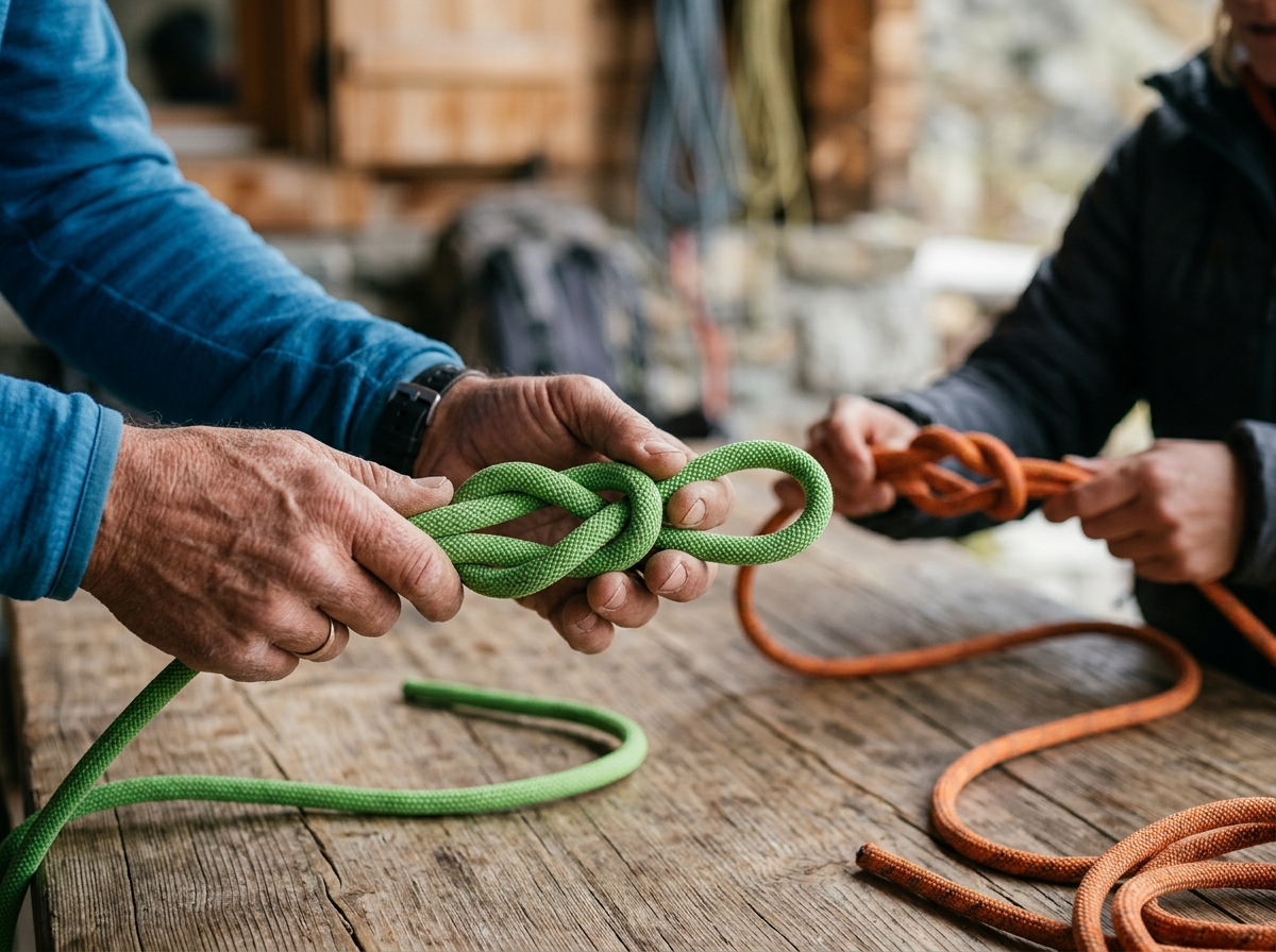 Instructor demonstrating a figure-eight knot to a student using green climbing rope.