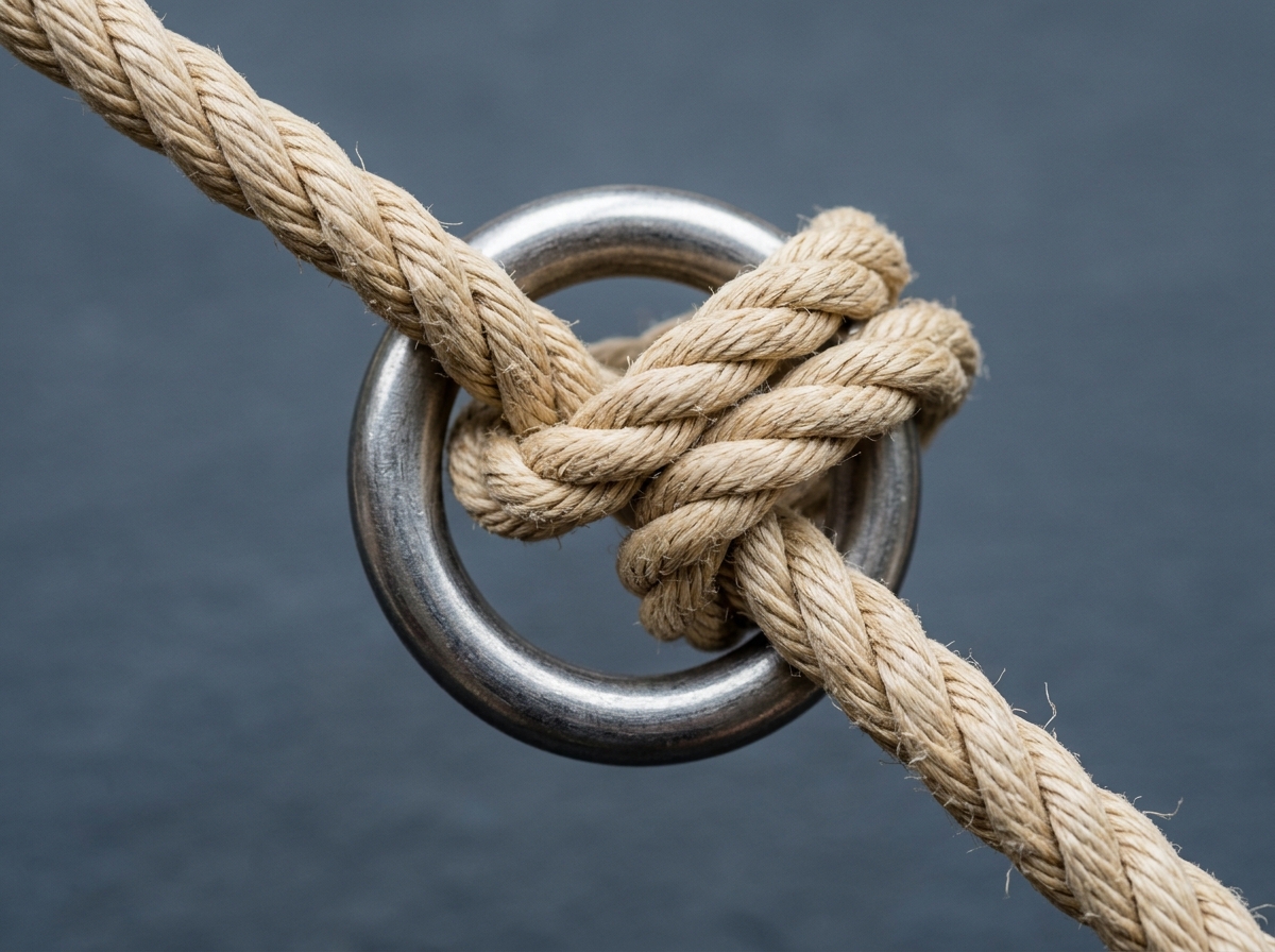 A close-up of a neatly tied clove hitch knot on a metal ring.