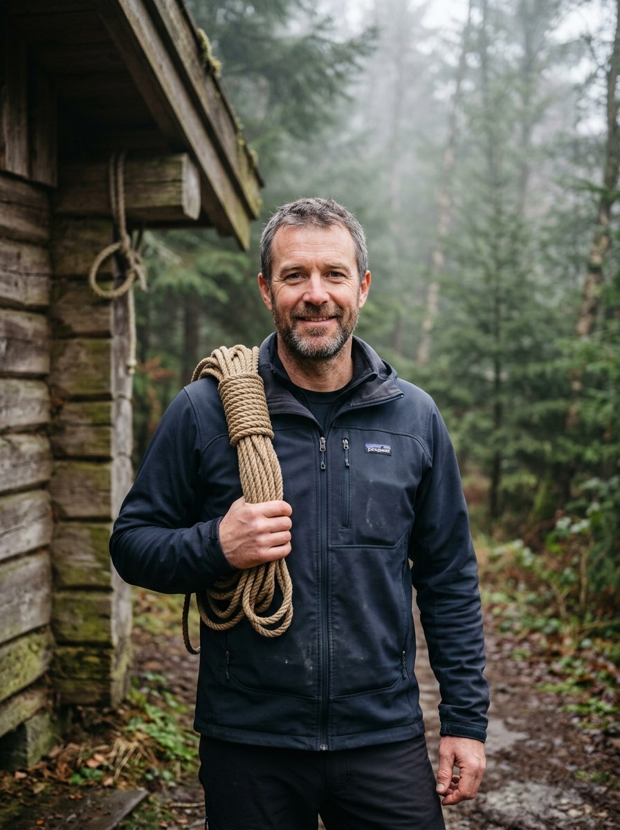 Sam, the knot tying instructor, holding a coil of rope.